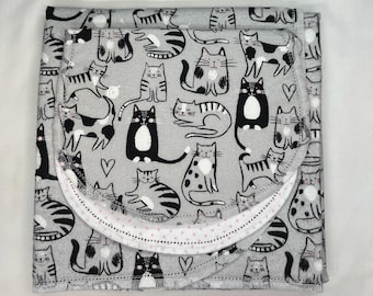 Kitty Cat hemstitch flannel baby blanket and burp cloth, double sided flannel receiving size 36x40, option to purchase crochet materials