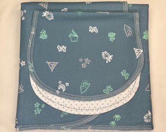 Teepee tent camping  on blue double sided flannel hemstitch baby blanket & burp set 36x40. Perfect swaddle, kits avail.