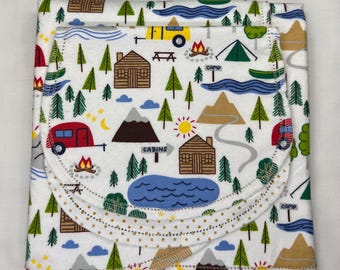 Camp trailer hemstitchedflannel baby blanket and burp cloth, double sided flannel receiving size 36x40, option to purchase crochet materials
