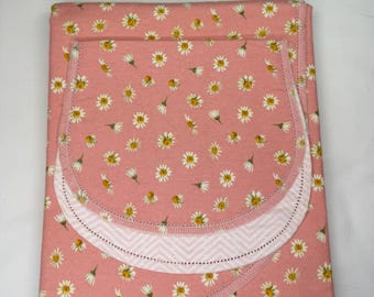 Pink Daisy Flannel Baby Blanket and Burp Cloth Set, Chevron Back, Hemstitched Crochet Edge Kit