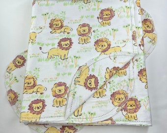 Lion on safari white green yellow hemstitch  flannel baby blanket & burp cloth, double sided flannel, size 36x40. Perfect swaddle kits avail
