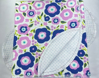 Purple, violet, blue flowers hemstitch flannel baby blanket and burp cloth, double sided receiving size 36x40. Perfect swaddle. Kits avail.