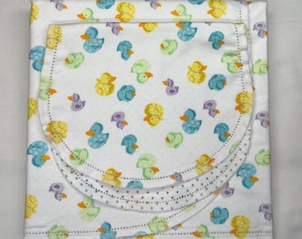 Yellow baby ducks  hemstitch flannel baby blanket and burp cloth, double sided, receiving size 36x40. Perfect swaddle. Kits avail