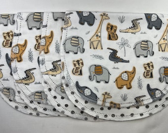 4 Burp Clothes safari lion zebra elephant giraffe alligator tiger hemstitch burp cloth, double sided flannel