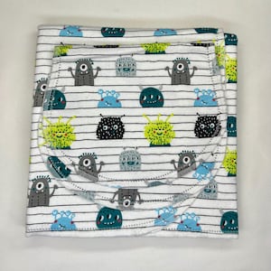 Cuddle kind Monsters hemstitched flannel baby blanket and burp cloth, double sided flannel, 36x 40, perfect swaddle. Kits