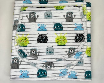 Cuddle kind Monsters hemstitched flannel baby blanket and burp cloth, double sided flannel, 36x 40, perfect swaddle. Kits
