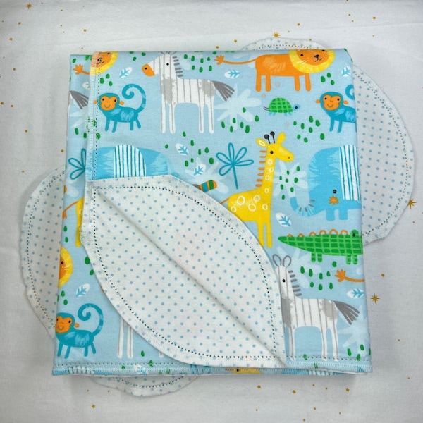 Lion, giraffe, monkey, zebra & elephant hemstitch flannel baby blanket and burp cloth, double sided size 36x40. Perfect swaddle. Kits avail