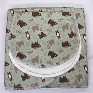 Bear Deer fox racoon squirrel river tree hemstitch flannel baby blanket and burp cloth, double sided, size 36x40 Perfect swaddle Kits avail.