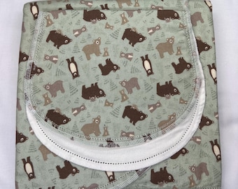 Bear Deer fox racoon squirrel river tree hemstitch flannel baby blanket and burp cloth, double sided, size 36x40 Perfect swaddle Kits avail.