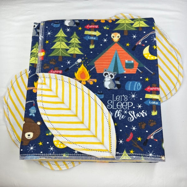 sleep under stars, tent camping, bear, raccoon, owl, moon hemstitch double sided flannel baby blanket & burp cloth, 36x40 swaddle Kits avail