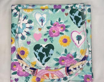 Save the world and earth Floral Hemstitch flannel baby blanket and burp cloth, double sided,  size 36x40. Perfect swaddle. Kits avail.
