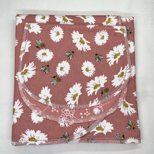 Peach Lily flowers & rocking horse Hemstitch flannel baby blanket and burp cloth, double sided. 36x40. Perfect swaddle. Kits avail.