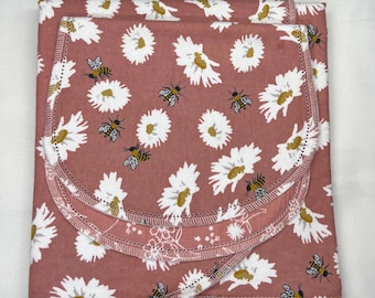 Peach Lily flowers & rocking horse Hemstitch flannel baby blanket and burp cloth, double sided. 36x40. Perfect swaddle. Kits avail.