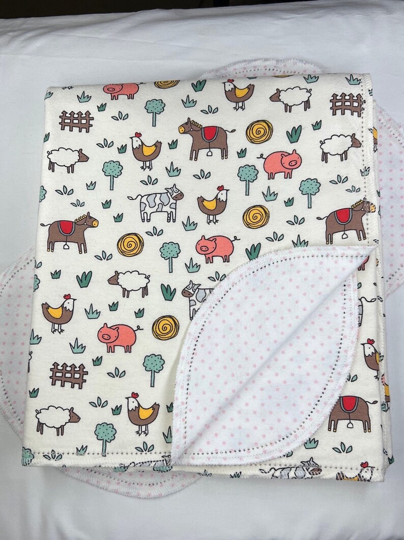 Farm Animals pig, cow, hemstitched flannel baby blanket and burp cloth, double sided flannel, size 36x40. Perfect swaddle. Kits avail baby blanket & burp