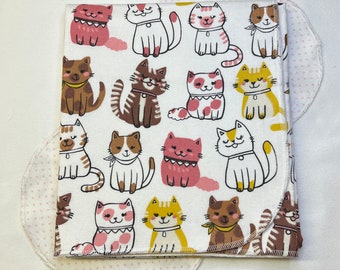 Kitty Cat flannel baby blanket and burp cloth, double sided flannel hemstitched receiving size 36x40, perfect swaddle pink yellow brown kits