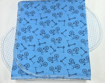 Bike hemstitched flannel baby blanket and burp cloth, double sided flannel receiving size 36x40, option to purchase crochet materials