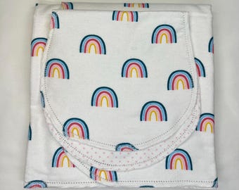 rainbow blue pink & yellow polka dots hemstitch baby blanket and burp cloth double sided flannel size 36x40. Perfect swaddle. Kits avail