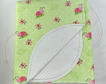 Lady Bug hemstitched flannel baby blanket and burp cloth, double sided flannel receiving size 36x40. Perfect swaddle. Kits avail