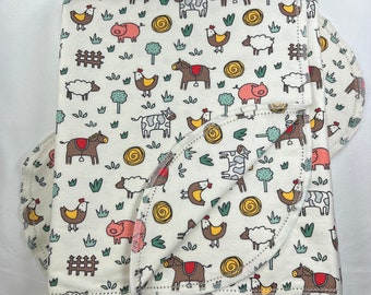 Farm Animals, horse, cow, pig,  hemstitch flannel baby blanket and burp cloth, double sided flannel receiving size 36x40. Perfect swaddle.