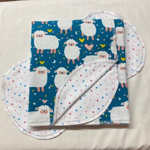 White Little Lambs on teal Hemstitch flannel baby blanket and burp cloth, double sided flannel 36x40. Perfect swaddle. Kits avail. Pink