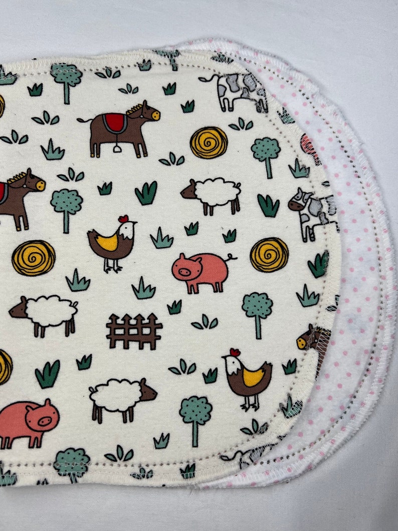 Farm Animals pig, cow, hemstitched flannel baby blanket and burp cloth, double sided flannel, size 36x40. Perfect swaddle. Kits avail image 3