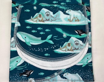 Narwhal whale in aqua and white hemstitch flannel baby blanket and burp cloth, double sided receiving, 36x40, perfect swaddle, kits avail