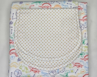 Dinosaur hemstitch flannel baby blanket and burp cloth double sided receiving size 36x40. Perfect swaddle, kits avail. Red, green, polka dot