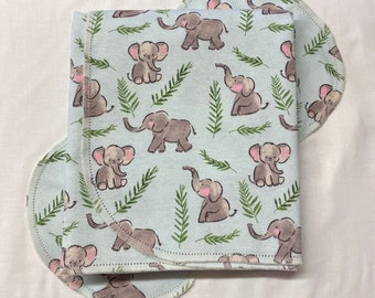 Grey baby elephant on green safari hemstitch flannel baby blanket & burp cloth, double sided 36x40. Perfect swaddle. Kits avail.