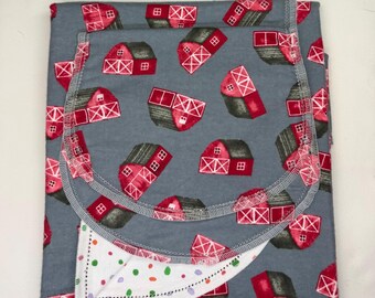 Red Barn Flannel Baby Blanket and Burp Cloth Set, Colorful Dot Back, Hemstitched Crochet Edge Kit
