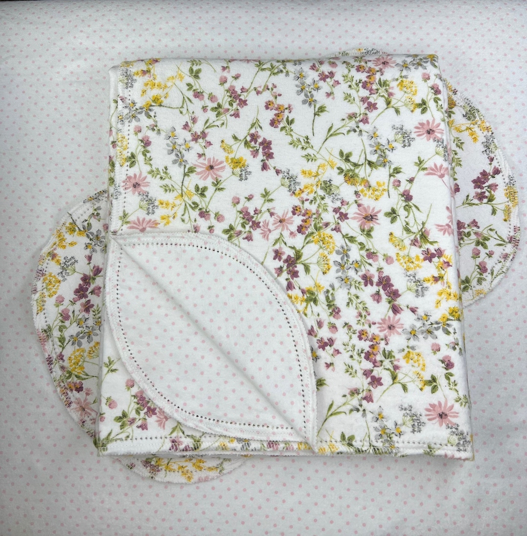 Vintage flowers, pink yellow hemstitch, double sided flannel baby blanket & burp cloth, receiving size 36x40. Perfect swaddle. Kits avail.