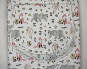 Woodland forest deer, fox, animals hemstitched double sided flannel baby blanket & burp cloth, receiving 36x40.  Perfect swaddle. kits avail