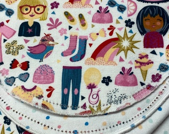 Paper Doll Dress hemstitched flannel baby blanket and burp cloth, double sided flannel receiving size 36x40. Perfect swaddle. Kits avail