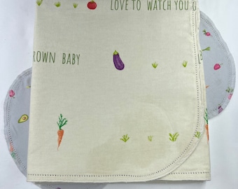 Veggies hemstitched flannel baby blanket and burp cloth, double sided flannel receiving size 36x40, option to purchase crochet materials