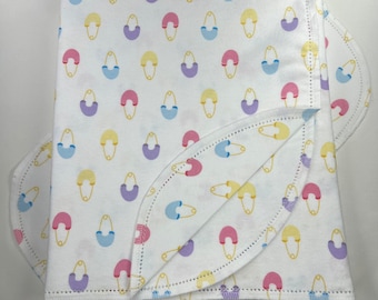 Hemstitch Flannel Baby Blanket and Burp Cloth, Baby Pins Print