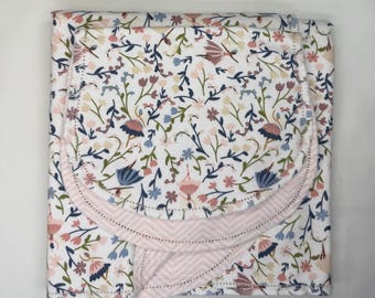 Vintage floral pink yellow hemstitch, double sided flannel baby blanket & burp cloth, receiving size 36x40. Perfect swaddle. Kits avail.