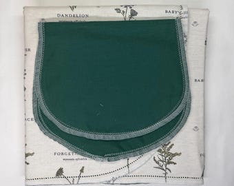 Green Hemstitched Flannel Baby Bib, Ready for Crochet Edging. Wild flowers