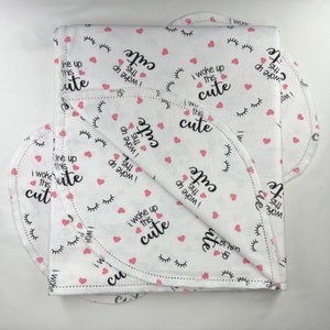 I wake up this cute hemstitch flannel baby blanket and burp cloth, double sided 36x40. Perfect swaddle. Kits avail