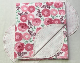 Flower pink burgandy watercolor flowers hemstitch flannel baby blanket and burp cloth, double sided, size 36x40 approx . Kits avail.