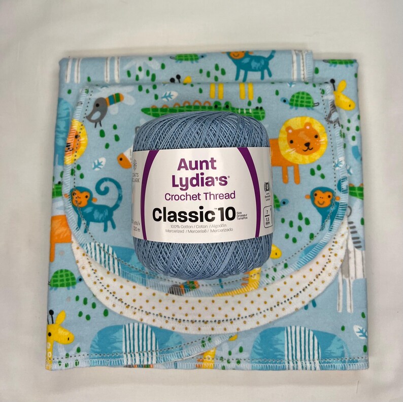 Safari Animals Flannel Baby Blanket & Burp Cloth Set, Hemstitch Swaddle (36x40) kit:blue yarn
