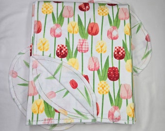 Red & Purple Spring Flowers hemstitched double sided flannel baby blanket and burp cloth, receiving size 36x40. Perfect swaddle.