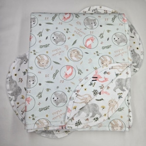 Woodland forest deer, fox, animals hemstitched double sided flannel baby blanket & burp cloth, receiving 36x40.  Perfect swaddle. kits avail