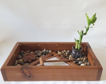 Deluxe Zen Garden Kit, Cedar Base, Bamboo, Meditation Stones