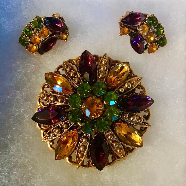 Vintage jeweled Brooch and Earring Set Clip- on Earrings FREE Gift Wrap eligible Mother's day gift for her Grandmother gift