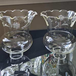 Vintage Etched Hurricane candle holder Pair Set of 2 Ruffled Edge Shades electric or oil lamp floral leaf Dot 1940&#39;s pattern in Old glass