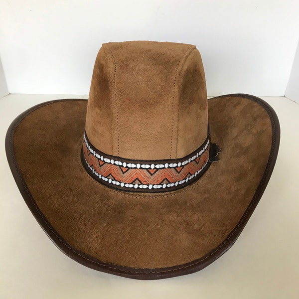 Western Suede Hat Vintage Men's Handmade San Zeno brown suede leather Western hat size large woven belt Southwestern Gift for him 1980's