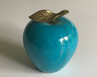 Vintage Marble Turquoise Apple Paperweight with Brass leaf detail Office Decor Marbleized stone  paper weight Teacher Gift