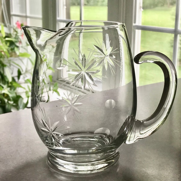 Etched Glass Cocktail Pitcher Midcentury Atomic Starburst design 3.5 Cup Capacity Vintage Barware gift for her
