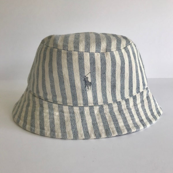 Men's POLO Blue Striped Denim bucket hat labeled Polo Denim and Supply Ralph Lauren Pony logo pre-owned very good to excellent condition