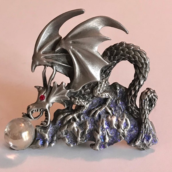 JJ Jonette Pewter Dragon Brooch with faux “crystal ball” and red crystal eyes Larger Dragon pin gift for her