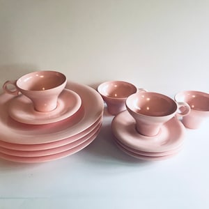 Russel Wright Flair Dinnerware Set 12 piece set Retro Pink Plastic Melamine plates Cups Saucers Coastal Beach Retro dinnerware gift for her